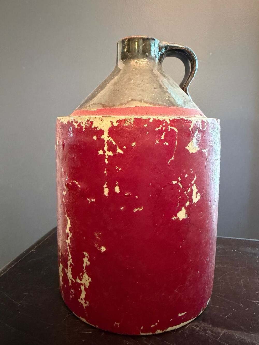 Vintage Red Painted Stoneware Crock Jug with Handle